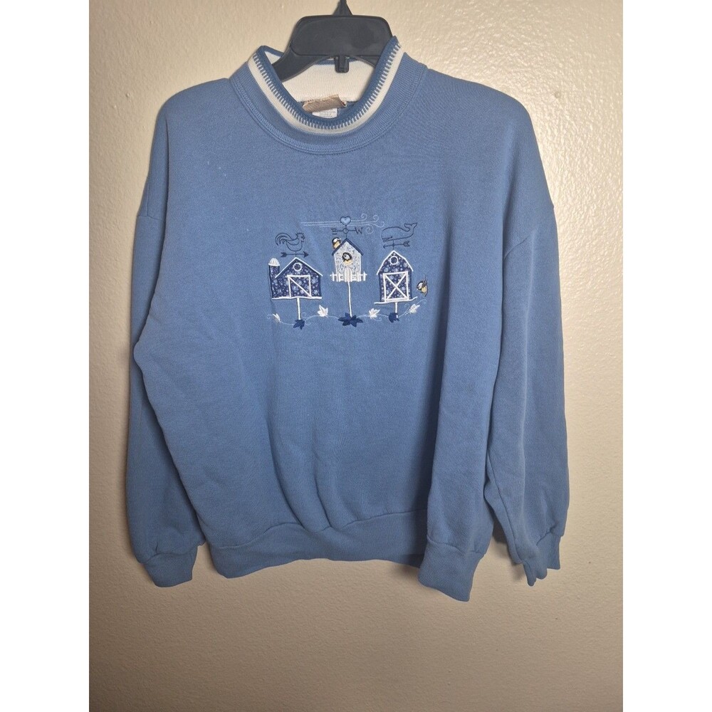 VTG 90s Top Stitch Morning Sun Sweatshirt XL Blue Embroidered Birdhouse USA Made